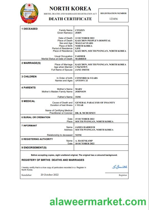 North Korea vital record death certificate Word and PDF template